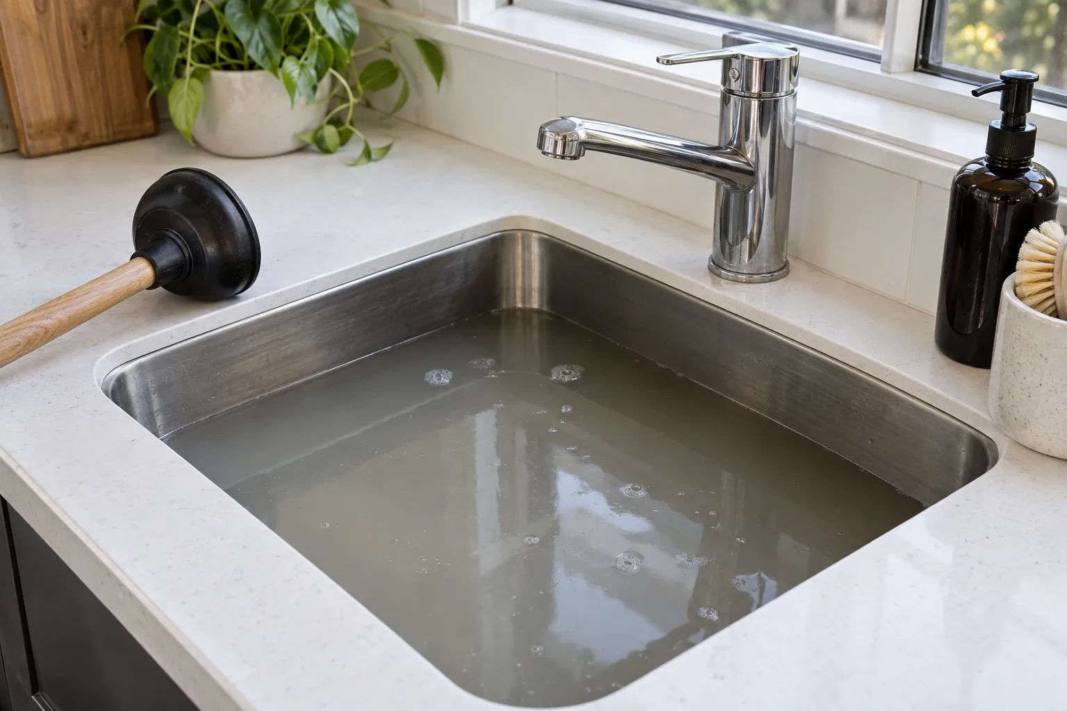 Kitchen sink holding water because of a blocked drain