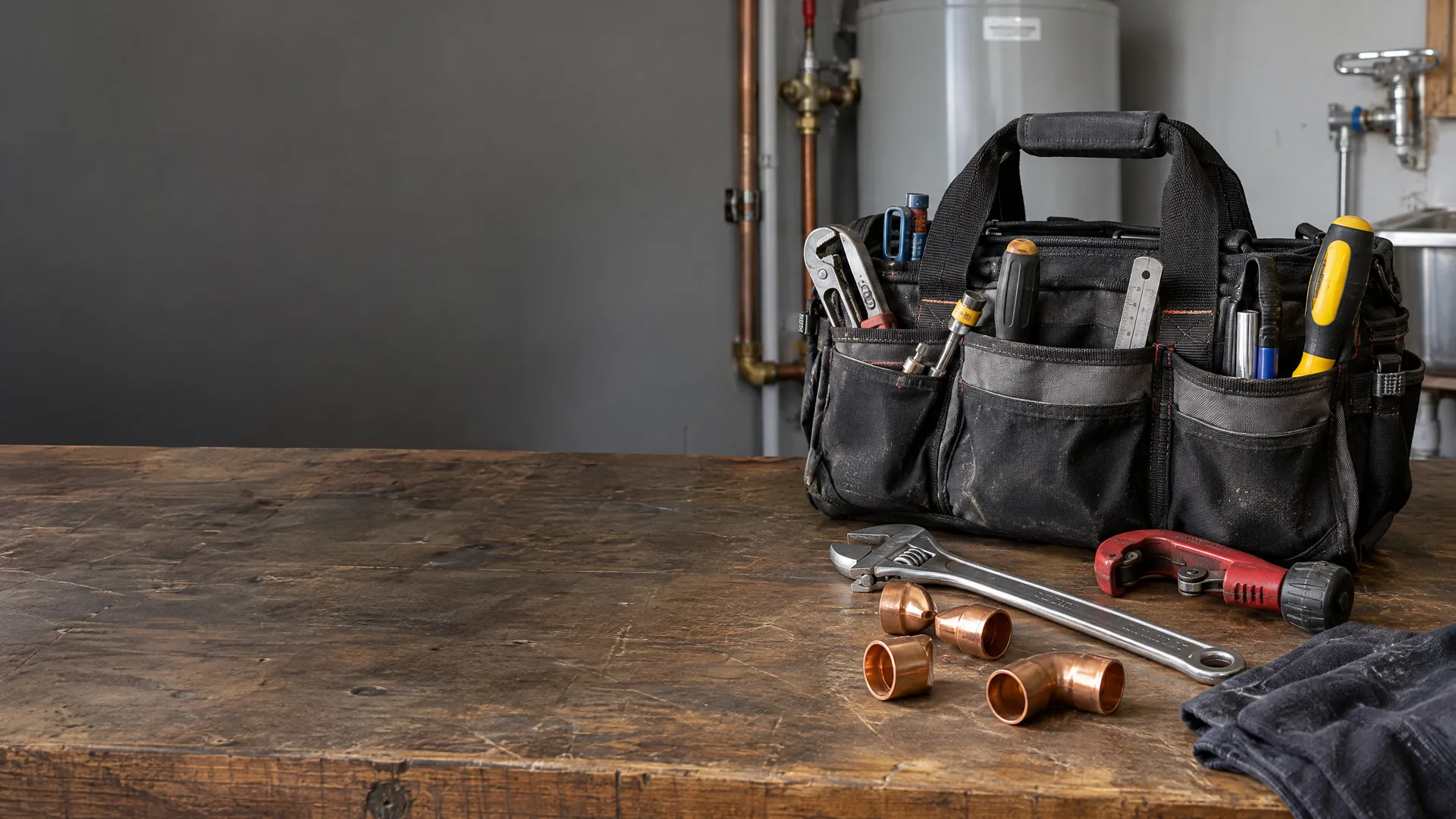 Plumbing tools and copper fittings on a workbench