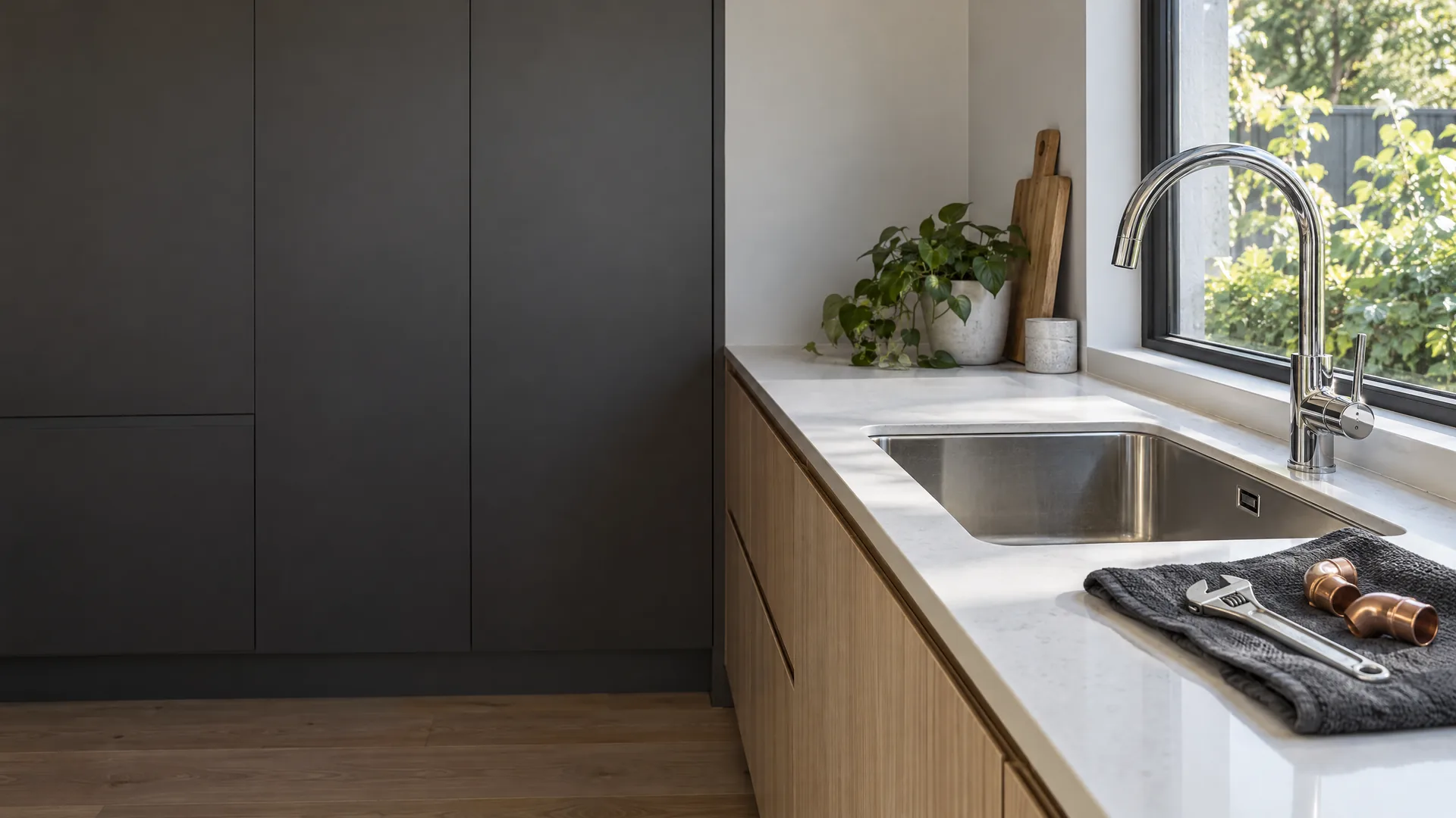 Kitchen sink and plumbing fittings in a Melbourne-style home