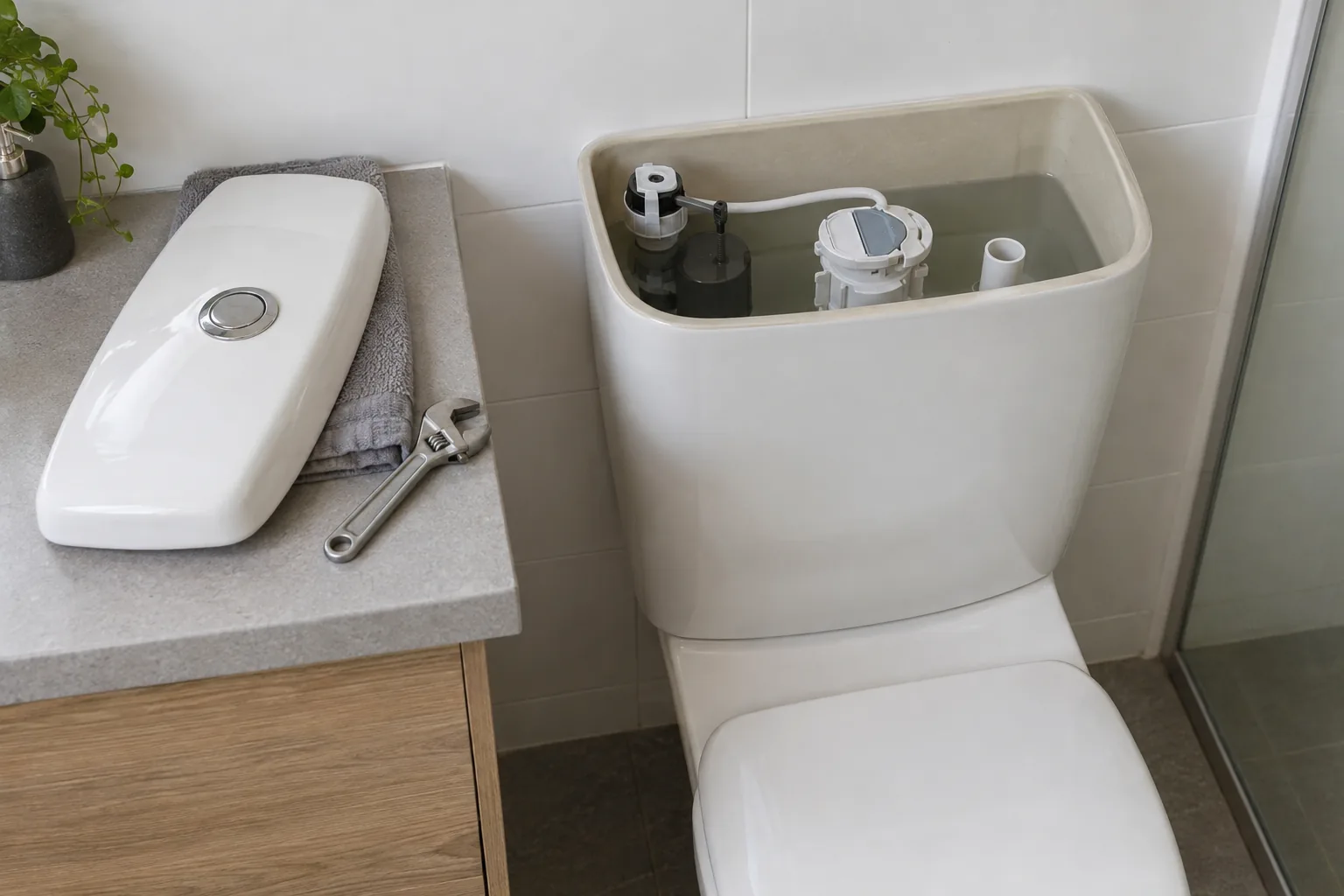 Toilet cistern with its flush mechanism visible